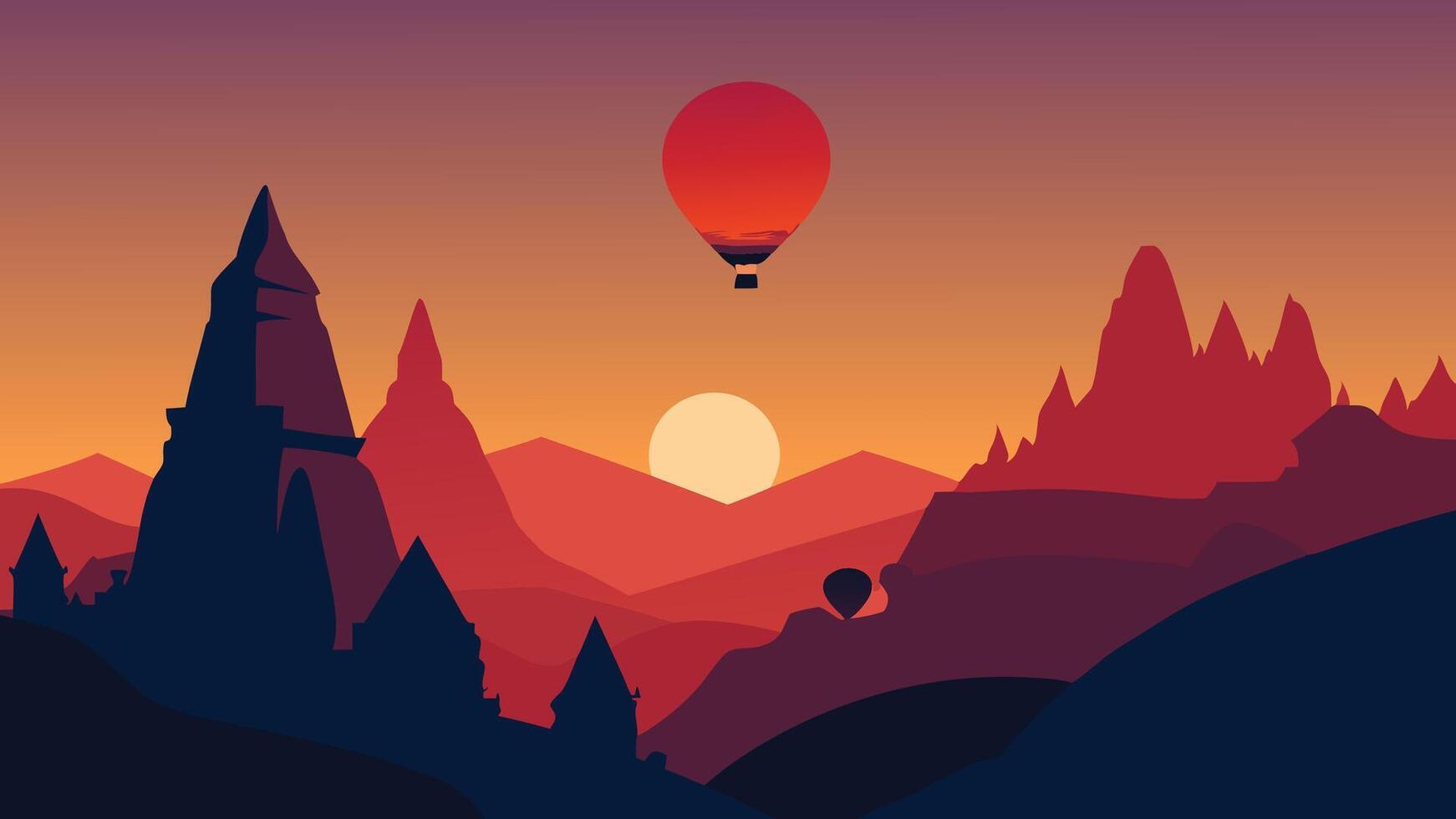 Colorful sunrise in Red Rose valley in April. Cavusin village located, Nevsehir Province in the Cappadocia region of Turkey, Asia. flat illustratio vector