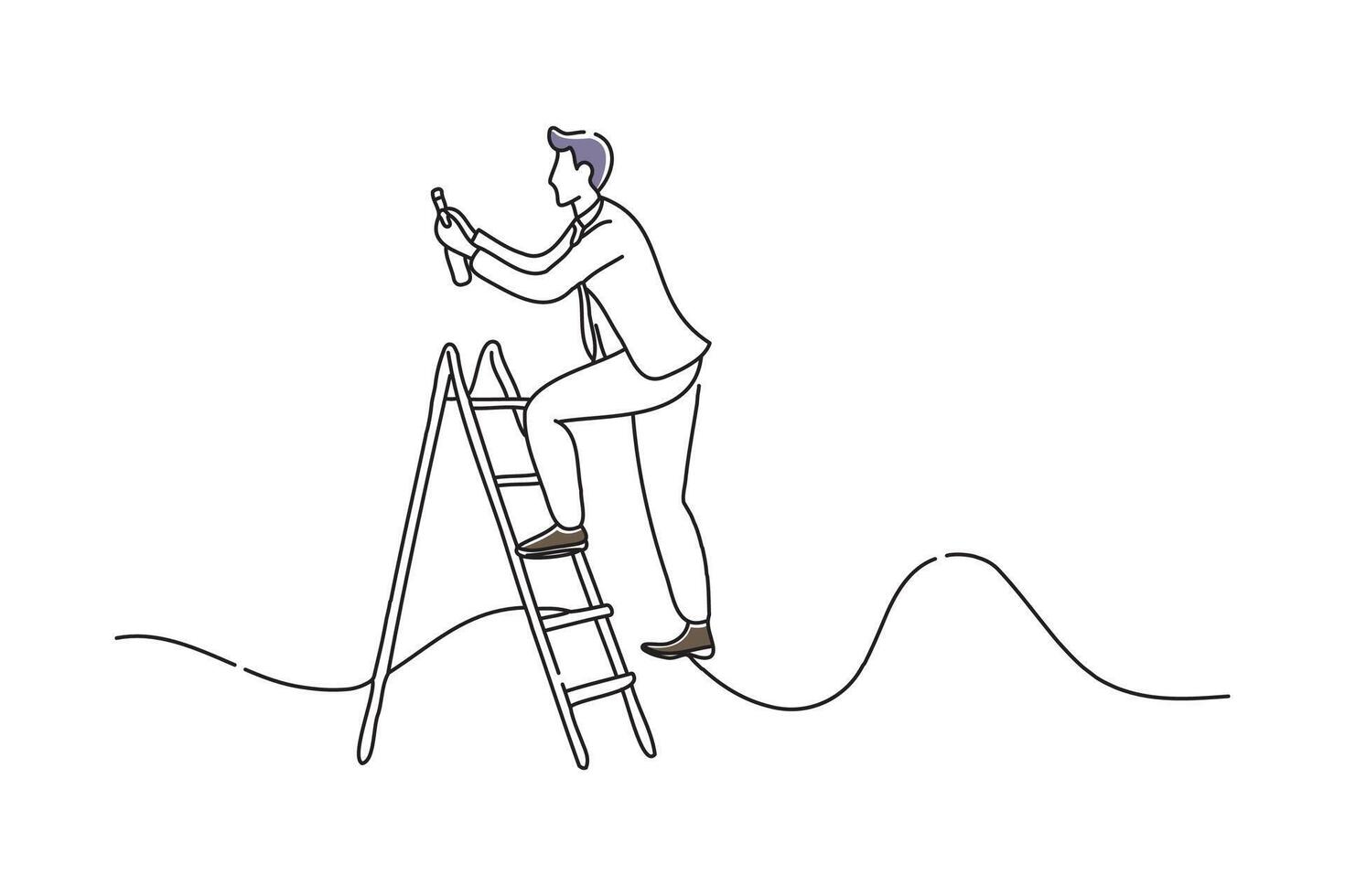 businessman climbing on a stepladder and writing, doodle continuous line art illustration vector