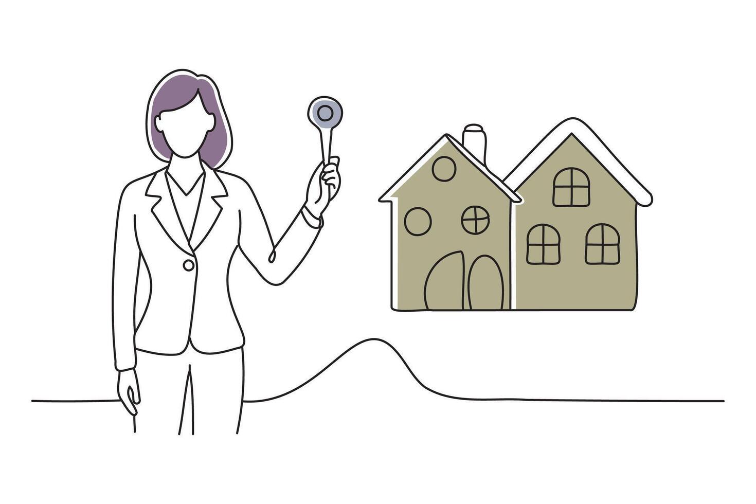 businesswoman explaining the key points of choosing real estate in the office, doodle continuous line art illustration. vector