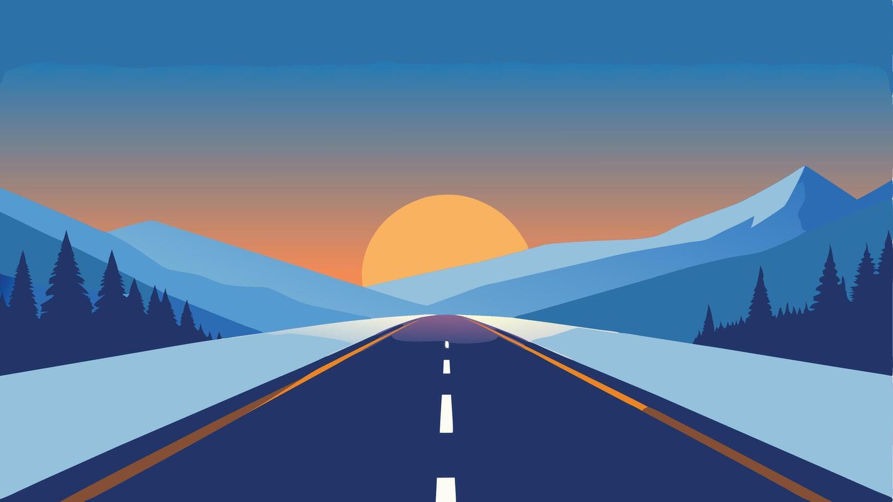 Beautiful winter sunrise on the highway, flat illustration vector