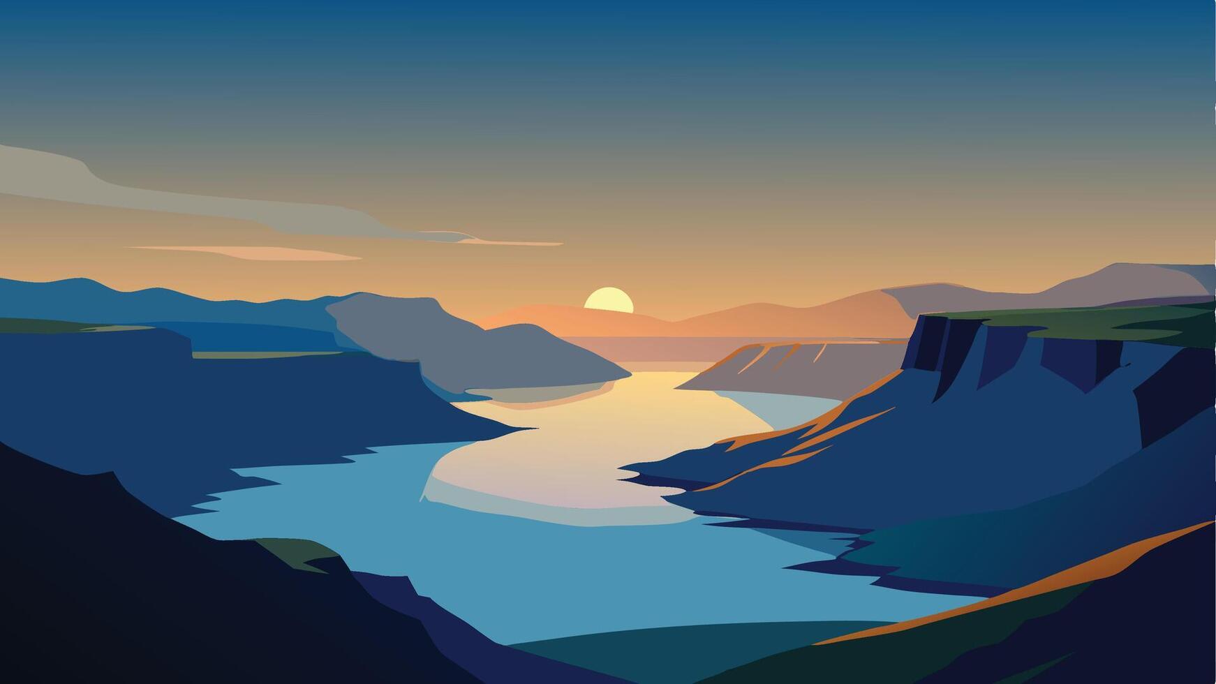 Amazing summer sunrise on Atlantic Ocean. Astonishing morning scene of Sorvagsvatn lake, Vagar, Faroe Islands, Denmark, Europe. flat illustration vector
