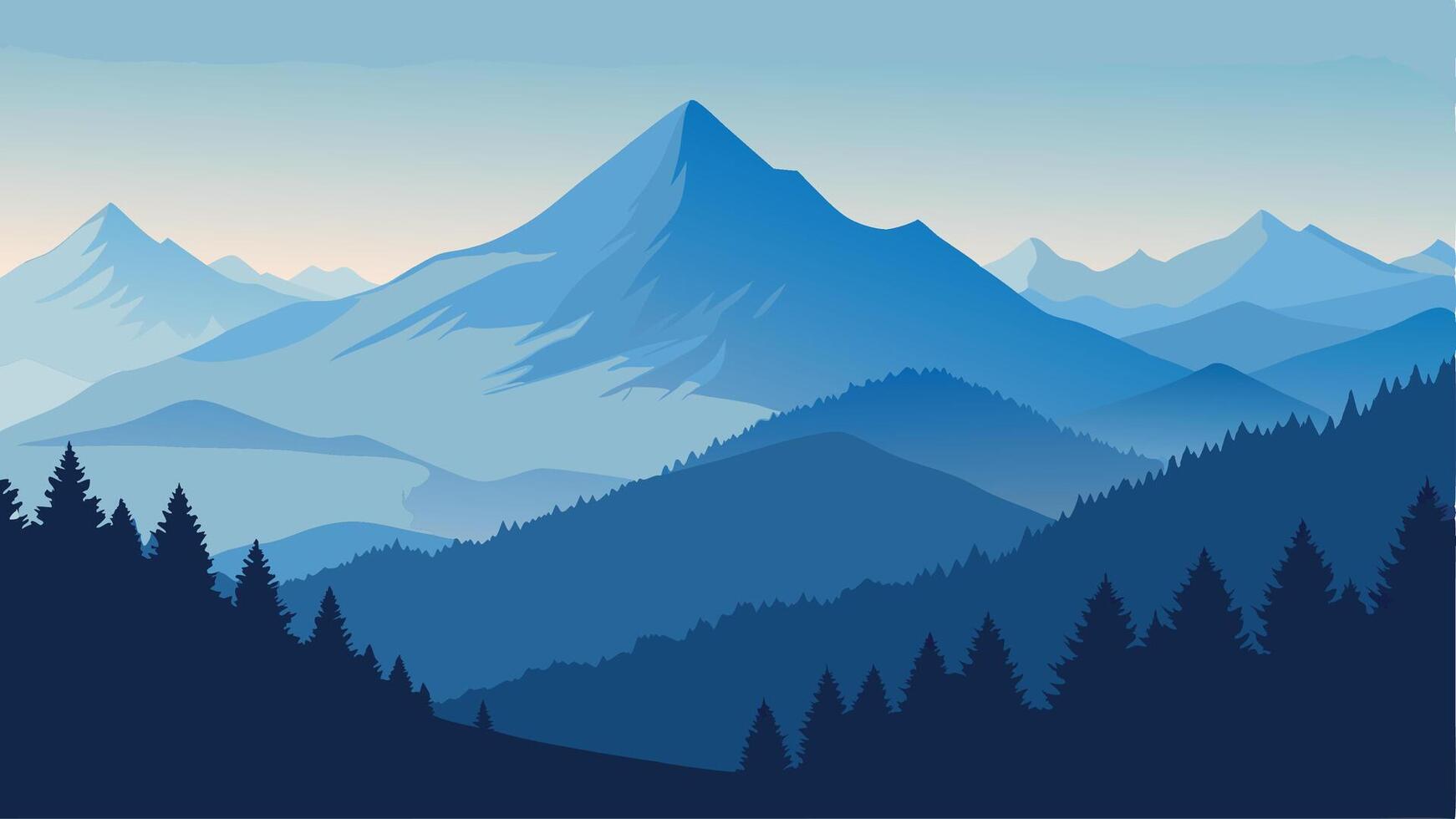 Panorama of the summer morning in the foggy Carpathian mountains. Flat vector