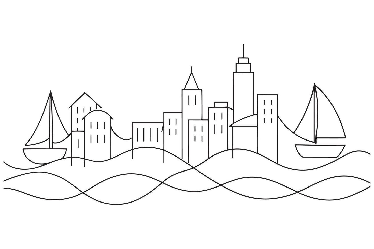 Bay with city continuous line art illustration on white background vector