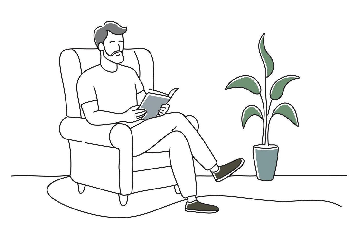 man relaxing in the living room, doodle continuous line art vector