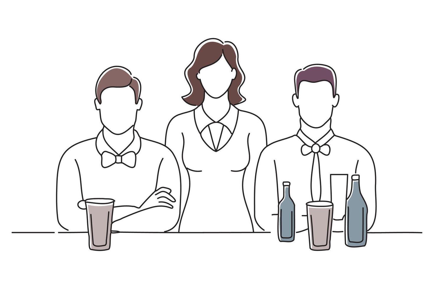 recruitment for men and women working at a bar, doodle continuous line art vector