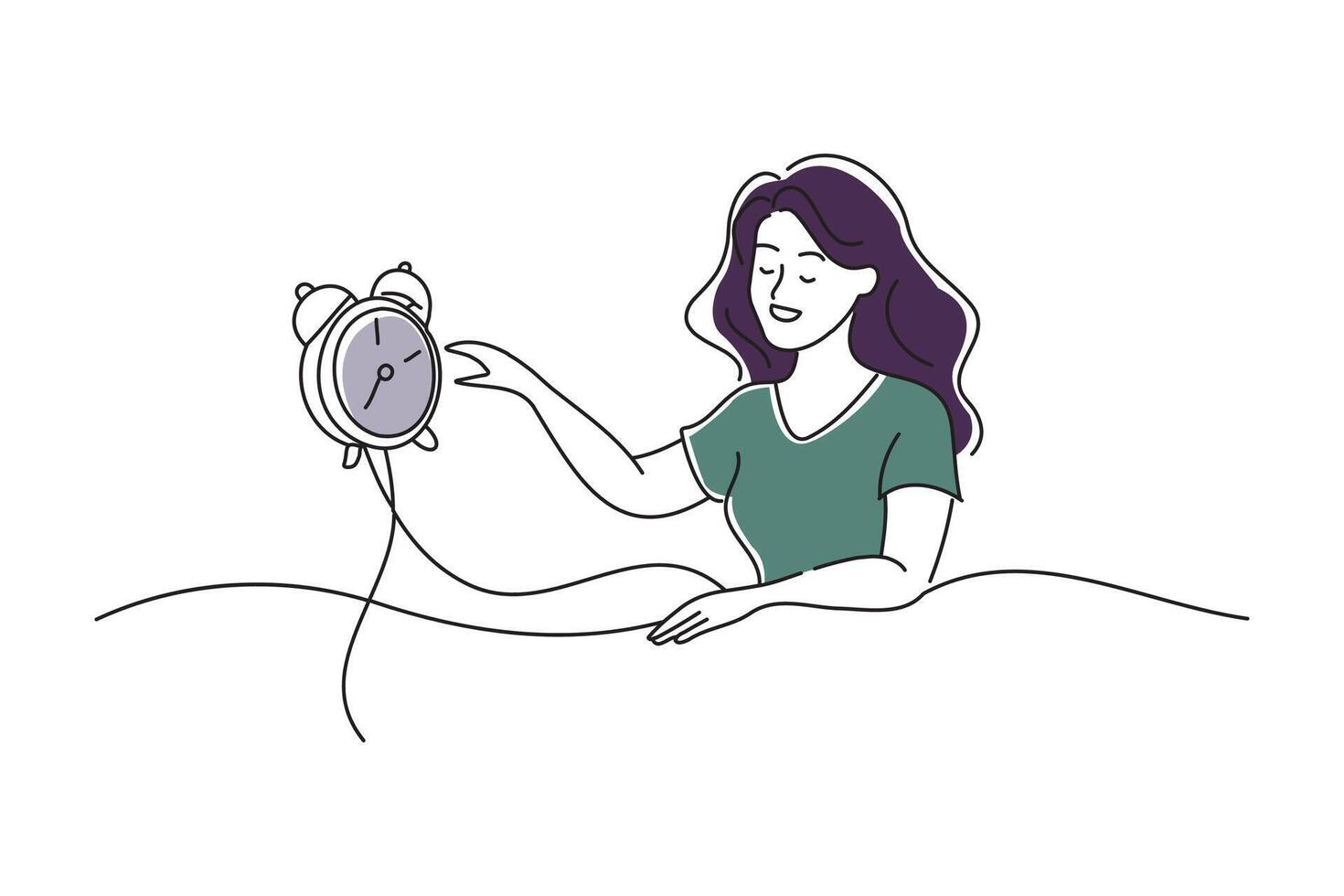 Woman setting an alarm clock and going to sleep, doodle continuous line art vector