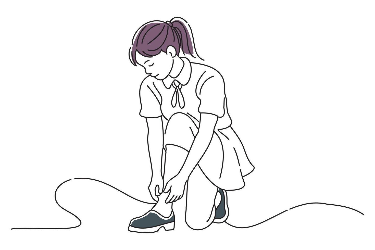 Junior high school girls are concerned about their swollen feet, doodle continuous line art vector