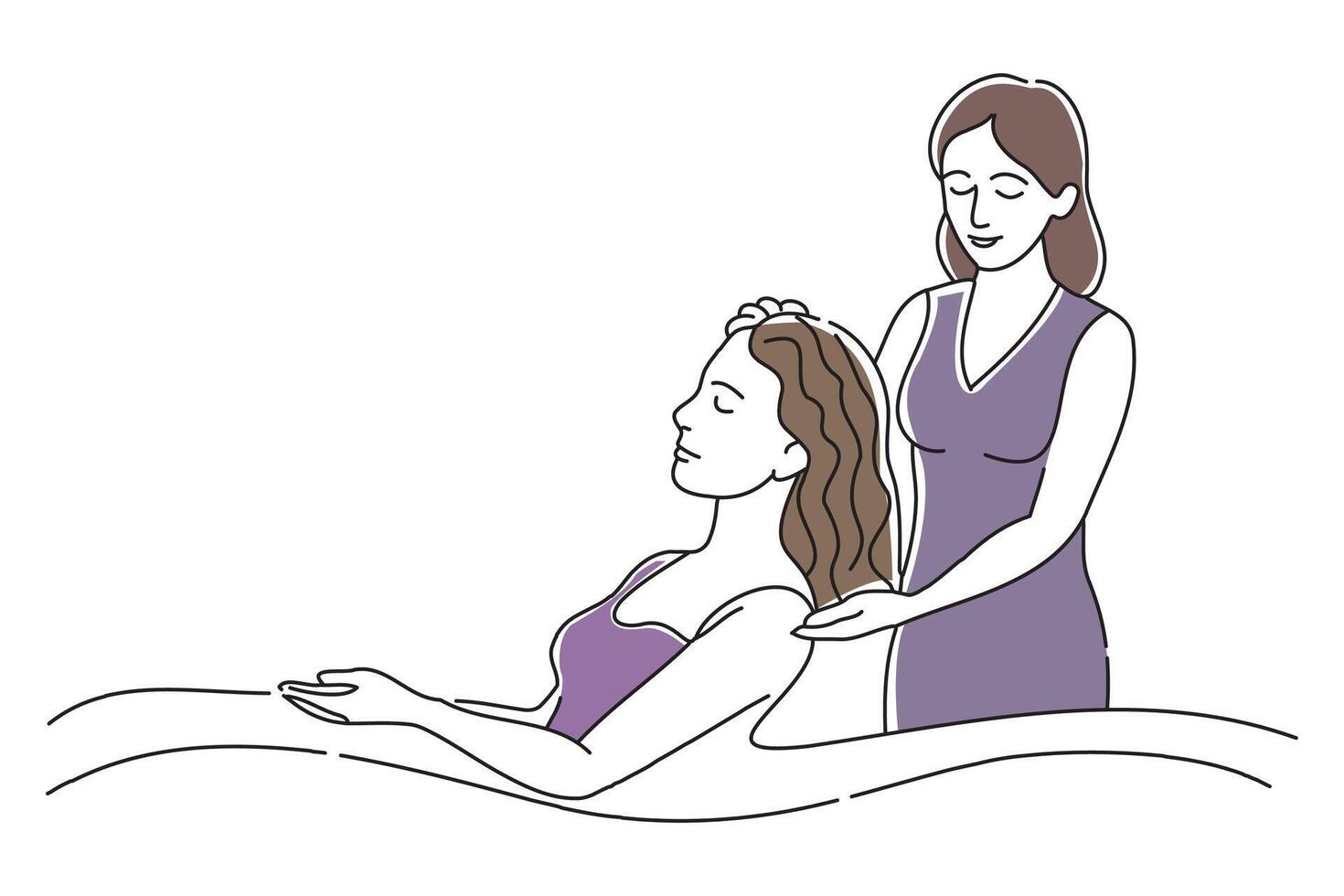 Woman receiving an arm massage at a beauty salon, doodle continuous line art vector