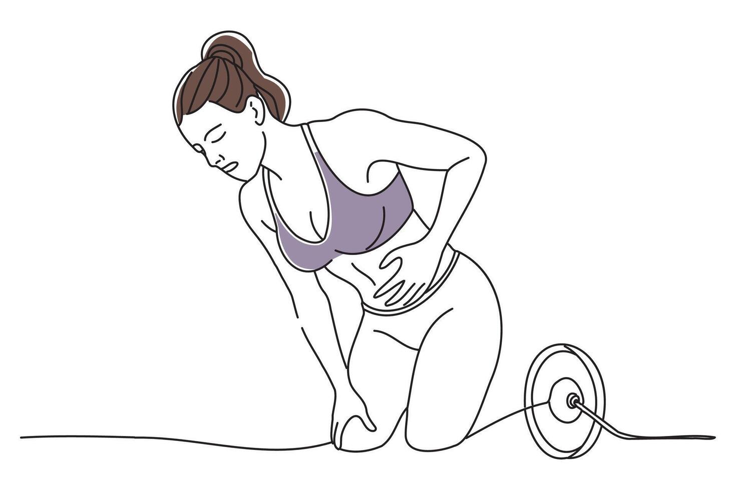 Woman hurting her abdomen at the gym, doodle continuous line art vector
