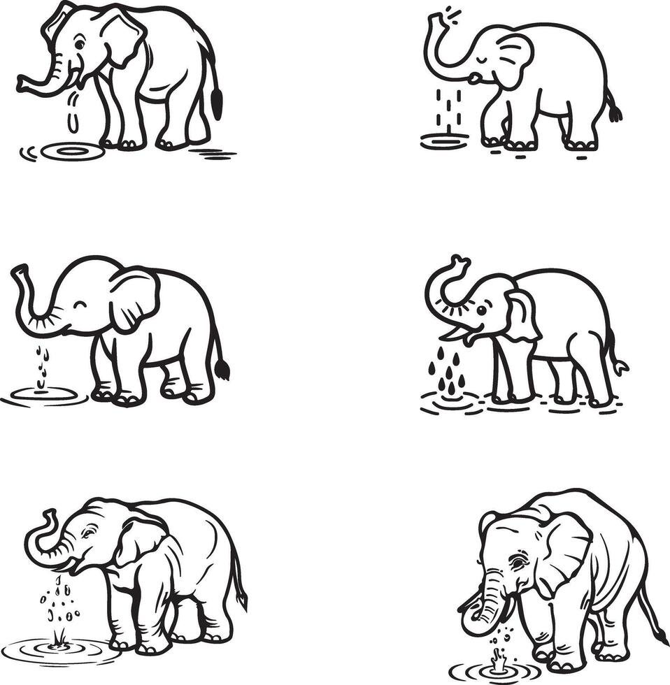 A set of elephants drawing outline vector