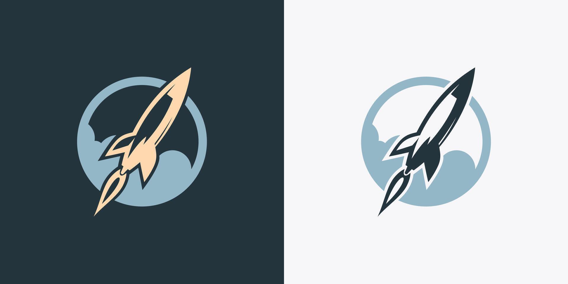 Rocket with cloud smoke in the circle logo . Spaceship launch space illustration vector