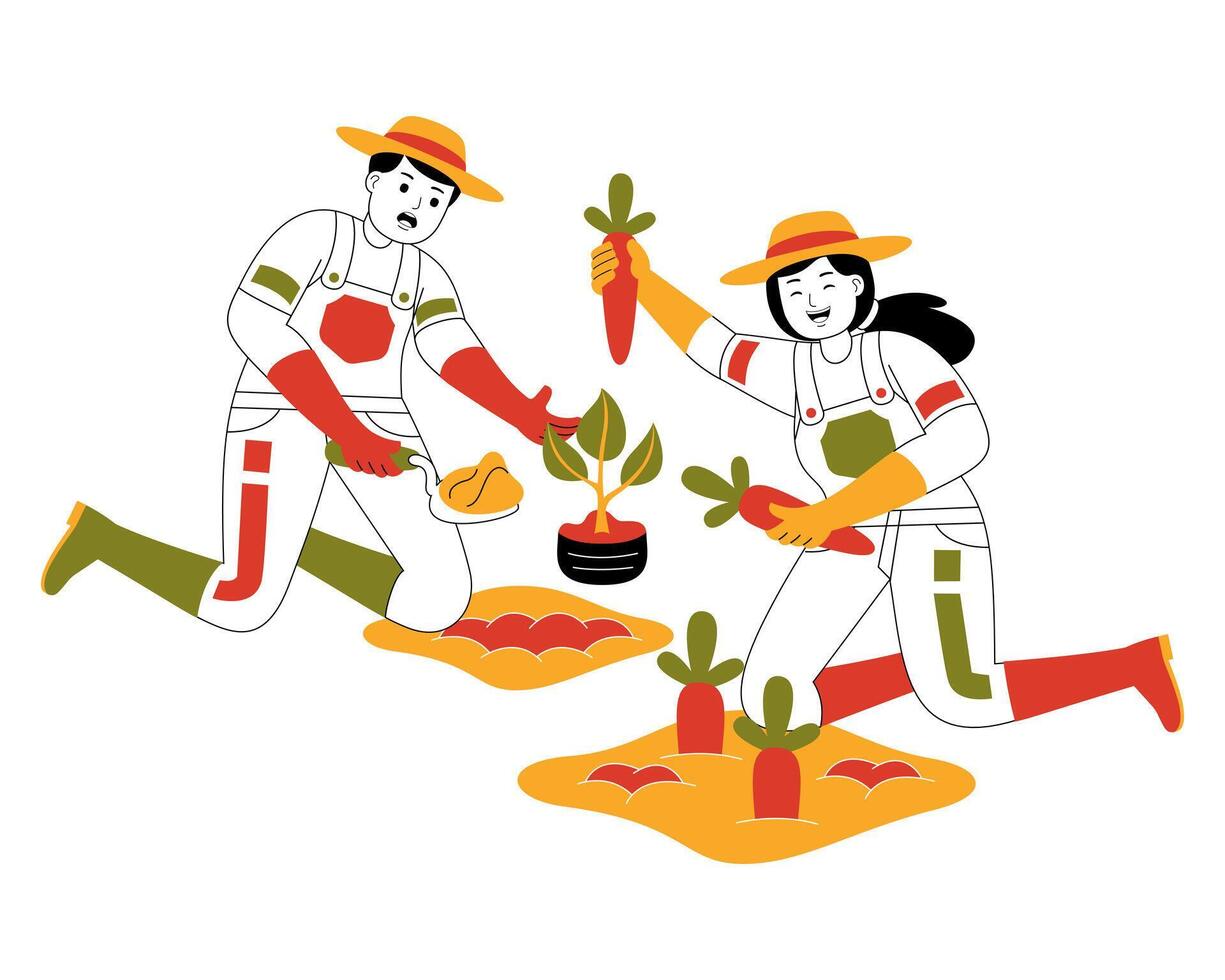 happy couple farming and garden flat illustration vector