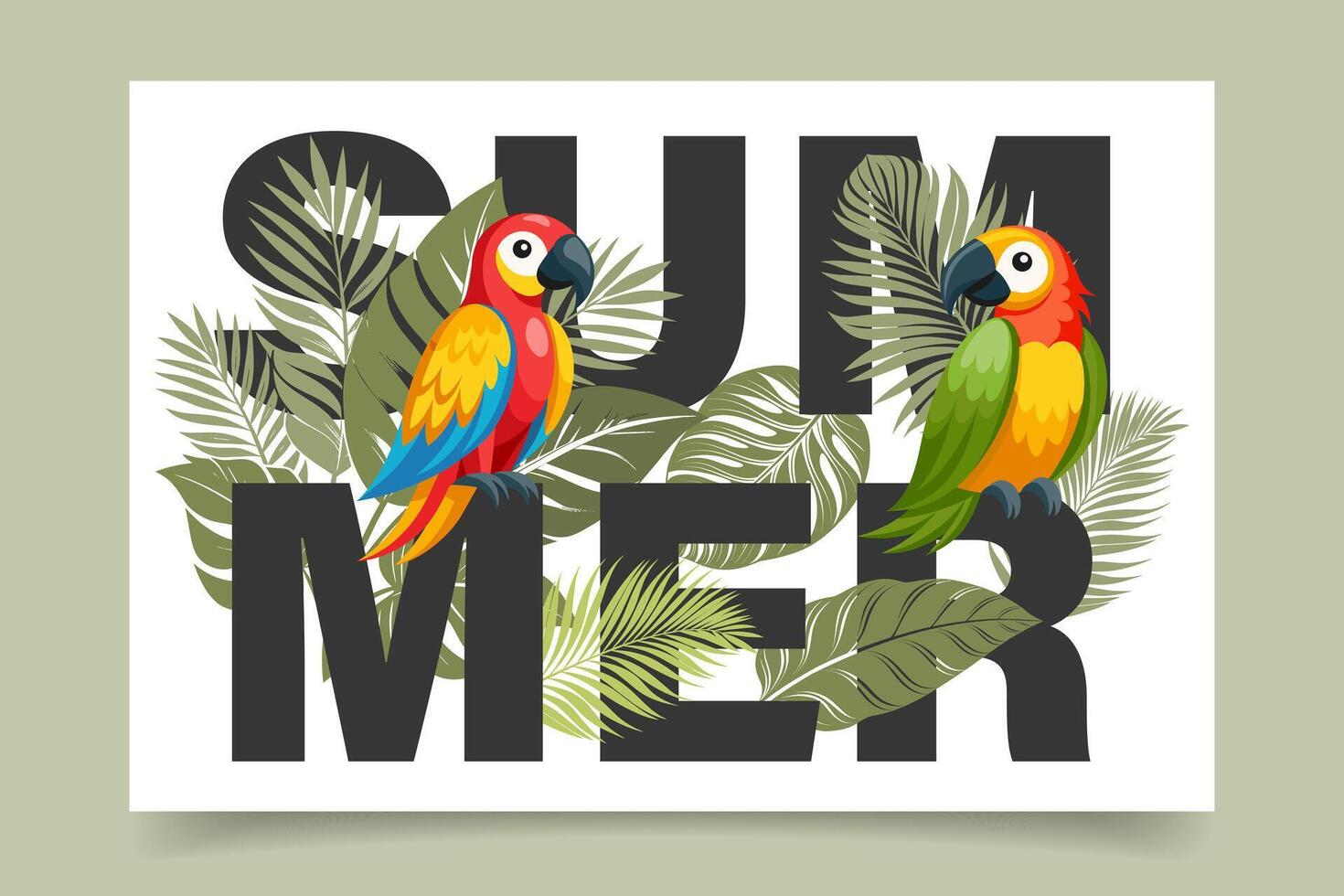 Summer background, word Summer with cute colorful parrots and tropical leaves. Cute macaw birds. Poster, banner, postcard vector