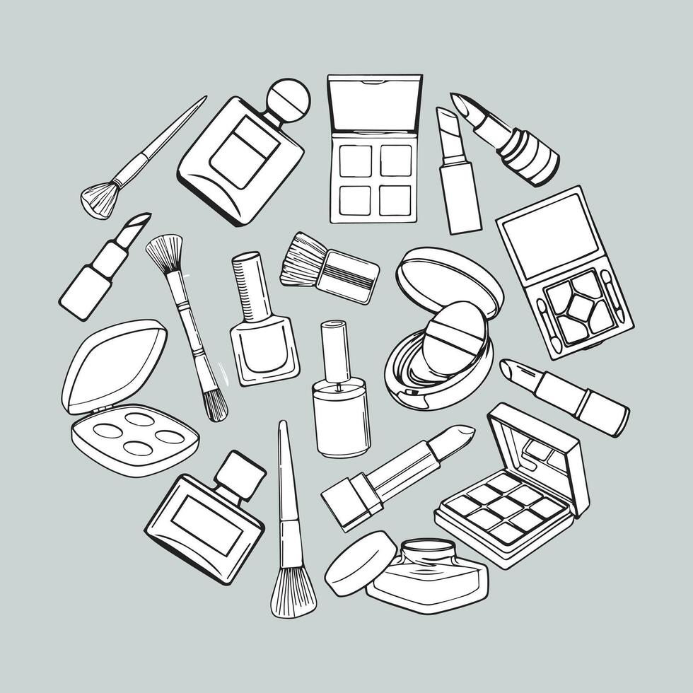 Hand drawn outline items of cosmetics in the form of a circle on a gray background. Makeup background vector
