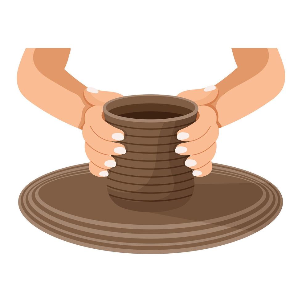 Hands and clay pot on a potter's wheel, pottery studio. Hobby concept. Illustration, clip art vector