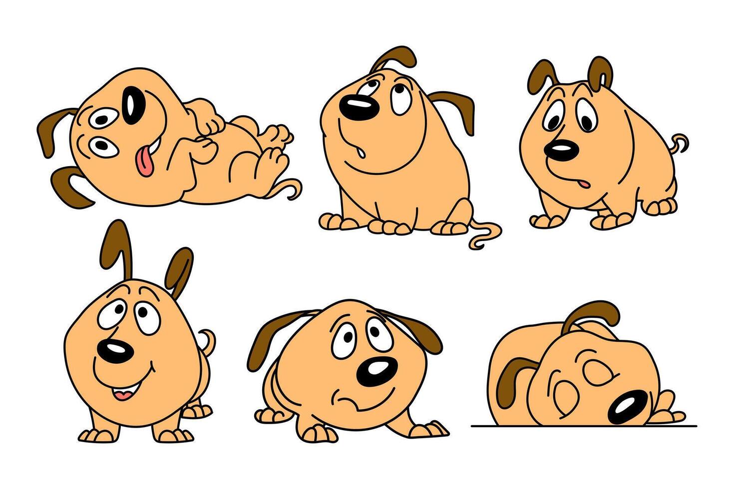 Set of drawn funny comical dogs with different emotions. Children's print, cartoon illustration vector