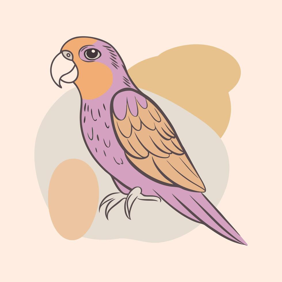 Hand-drawn contour tropical parrot on a background of abstract shapes. Line art, doodle. Illustration, poster, postcard. vector