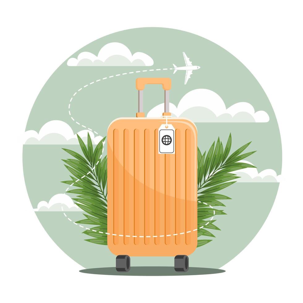 Summer background with travel suitcase and airplane against the sky with clouds. Vacation and travel concept. Illustration. vector
