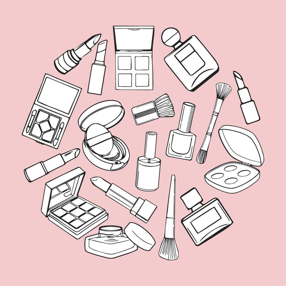 Hand drawn outline items of cosmetics in the form of a circle on a pink background. Makeup background vector