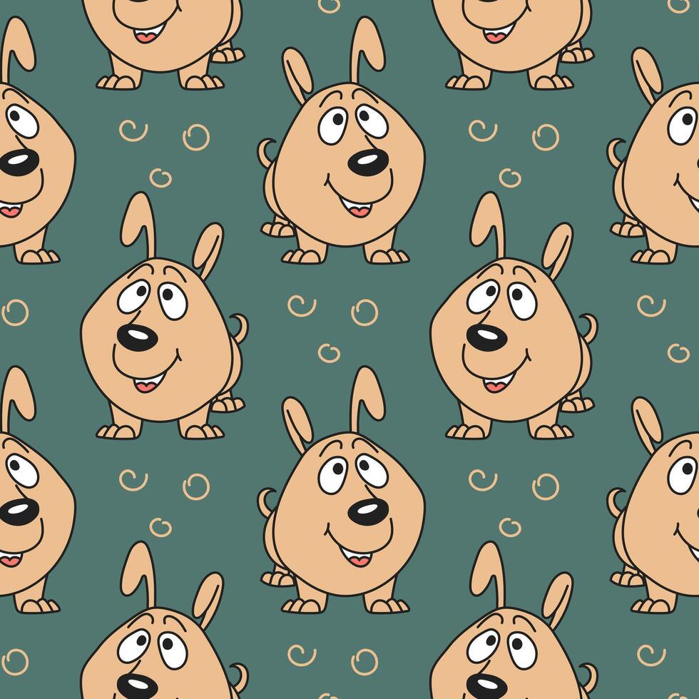 Seamless pattern, funny comical dogs on a green background. Baby background, textile, print vector