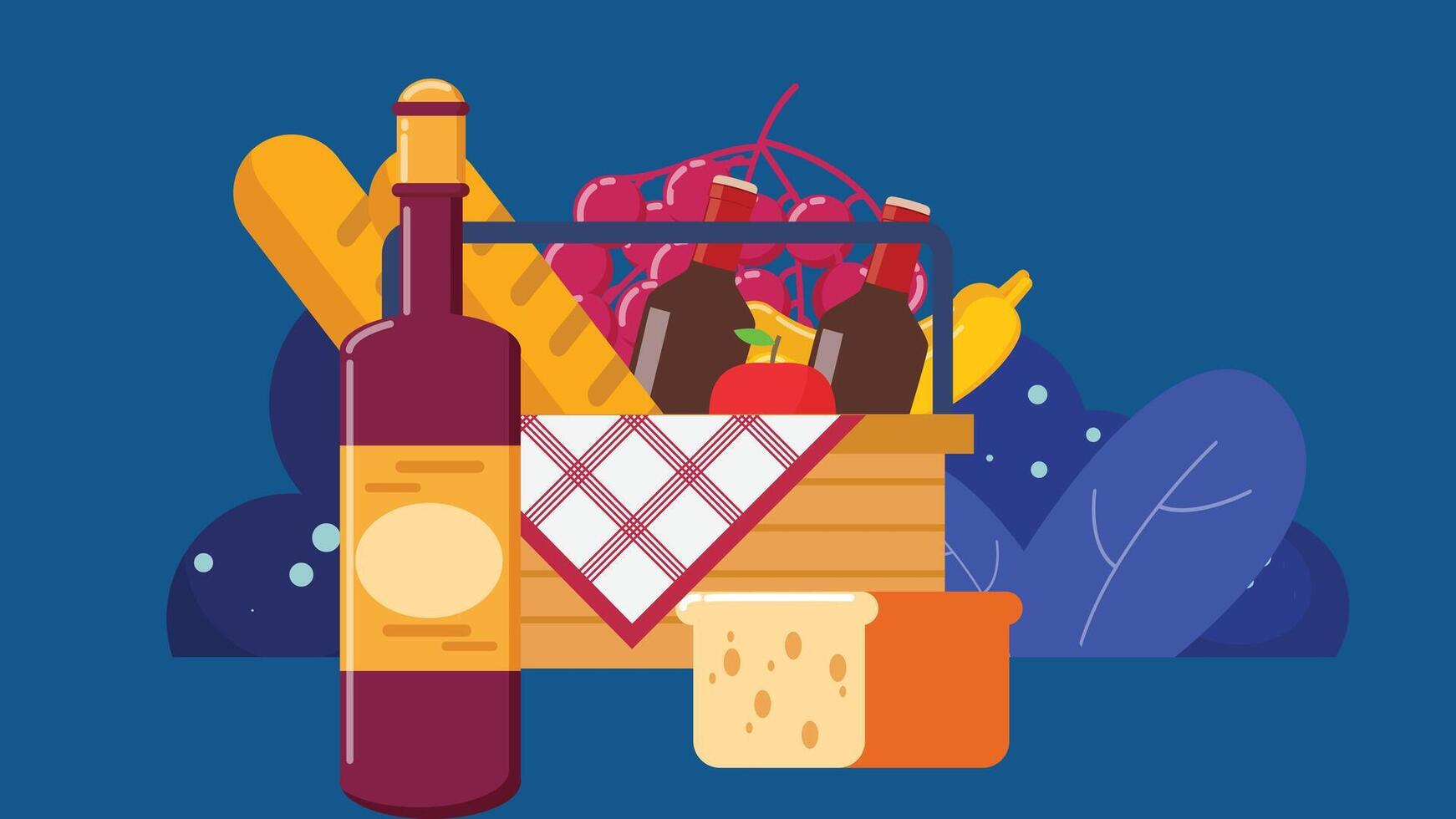 Picnic basket full of food and drinks for park and outdoor picnic vector