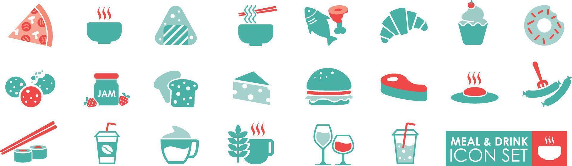Meal and Drink, Solid icon set, Containing food, vegetables, water, meal, fast food, and dinner icons vector