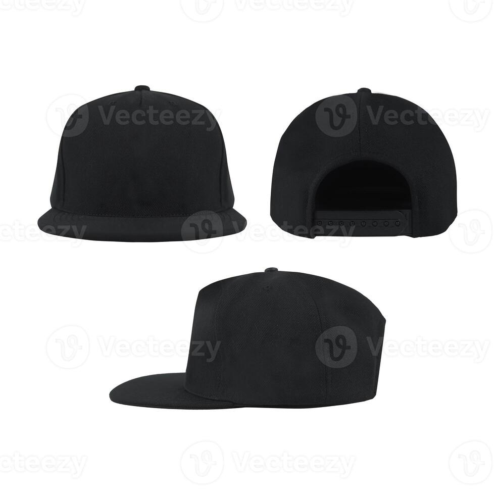 Black snapback caps mockup on a white background, front and back side. photo