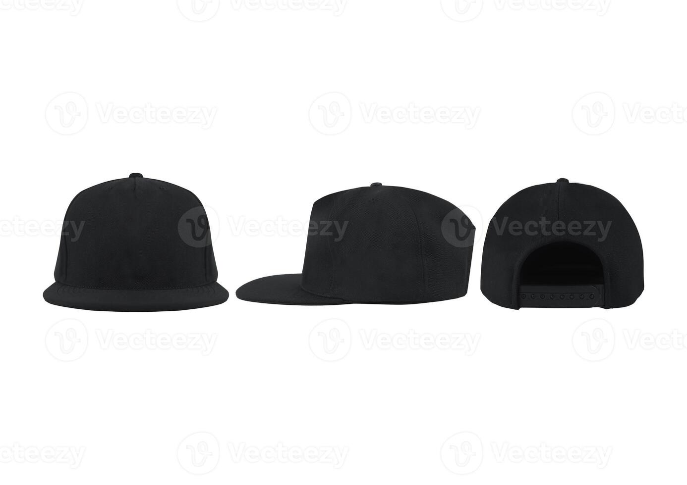 Black snapback caps mockup on a white background, front and back side. photo