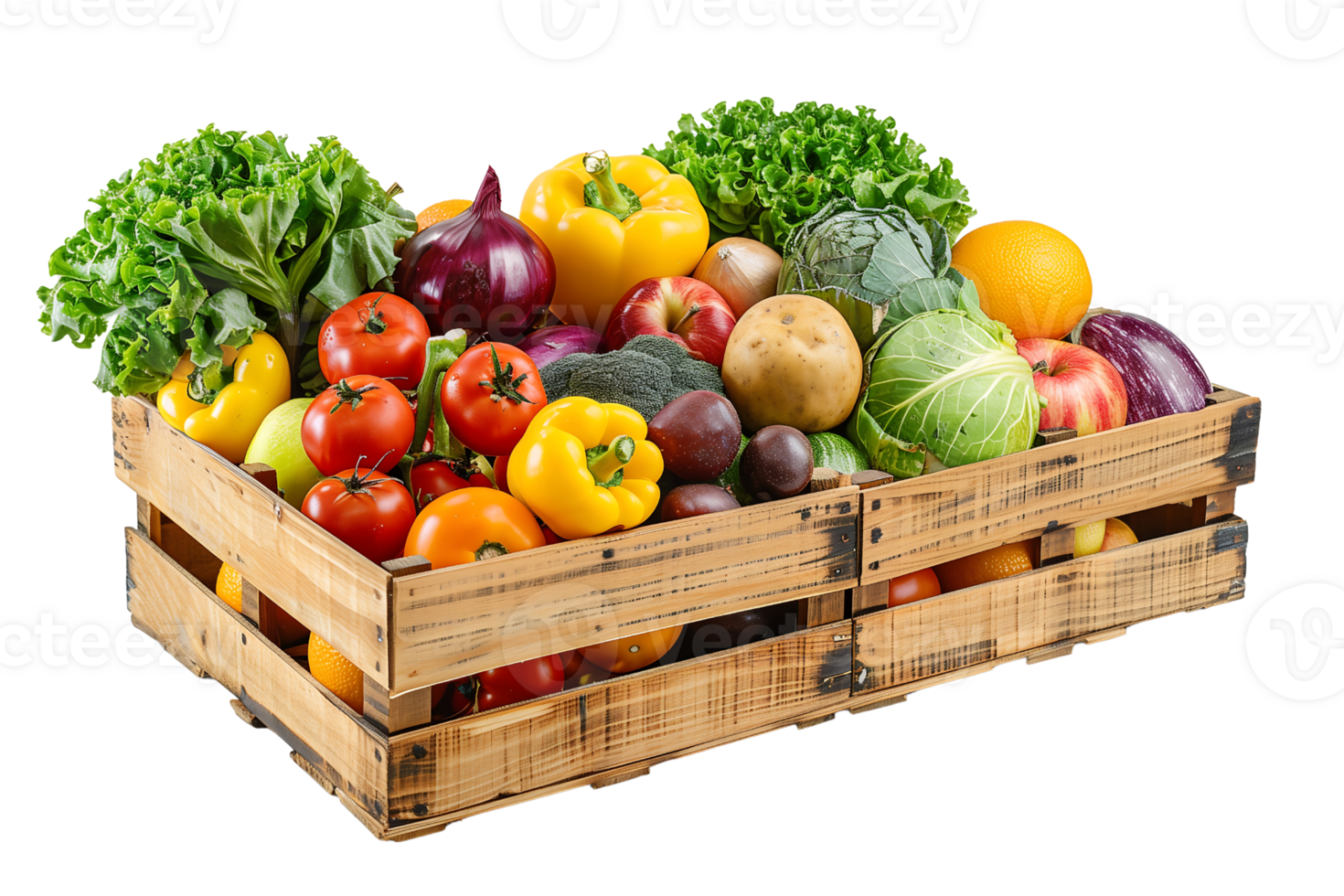 wooden box with fresh vegetables and fruit on a transparent background png