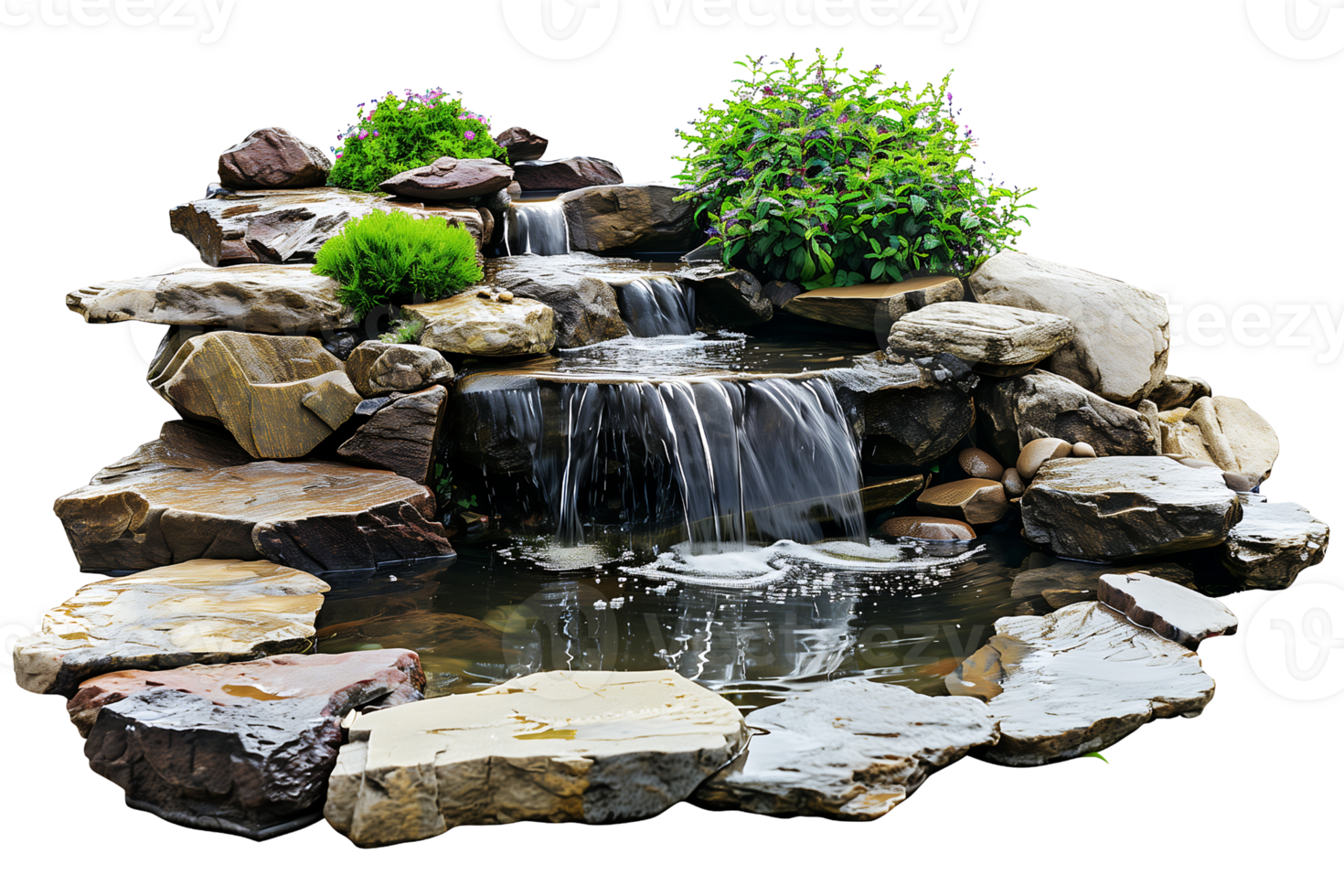 Natural rock fish pond with cascading waterfall isolated on transparent background png