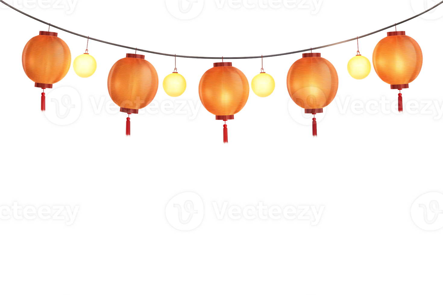 Chinese lanterns hanging with string lights on transparent background png