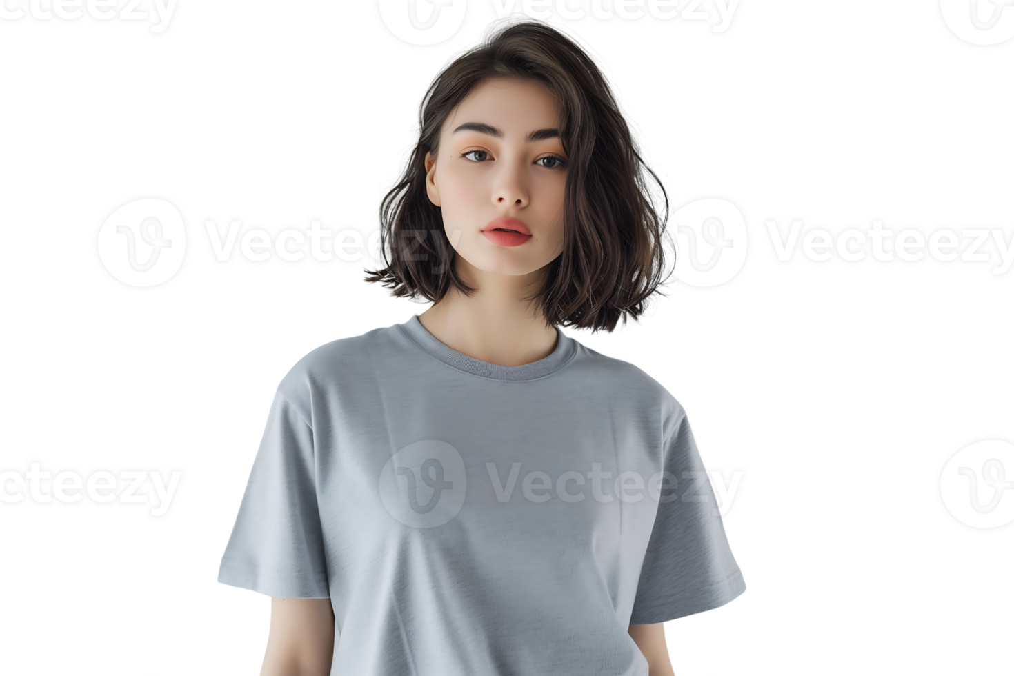 Caucasian female model wearing a grey mockup crewneck t-shirt with short sleeveson a transparent background png
