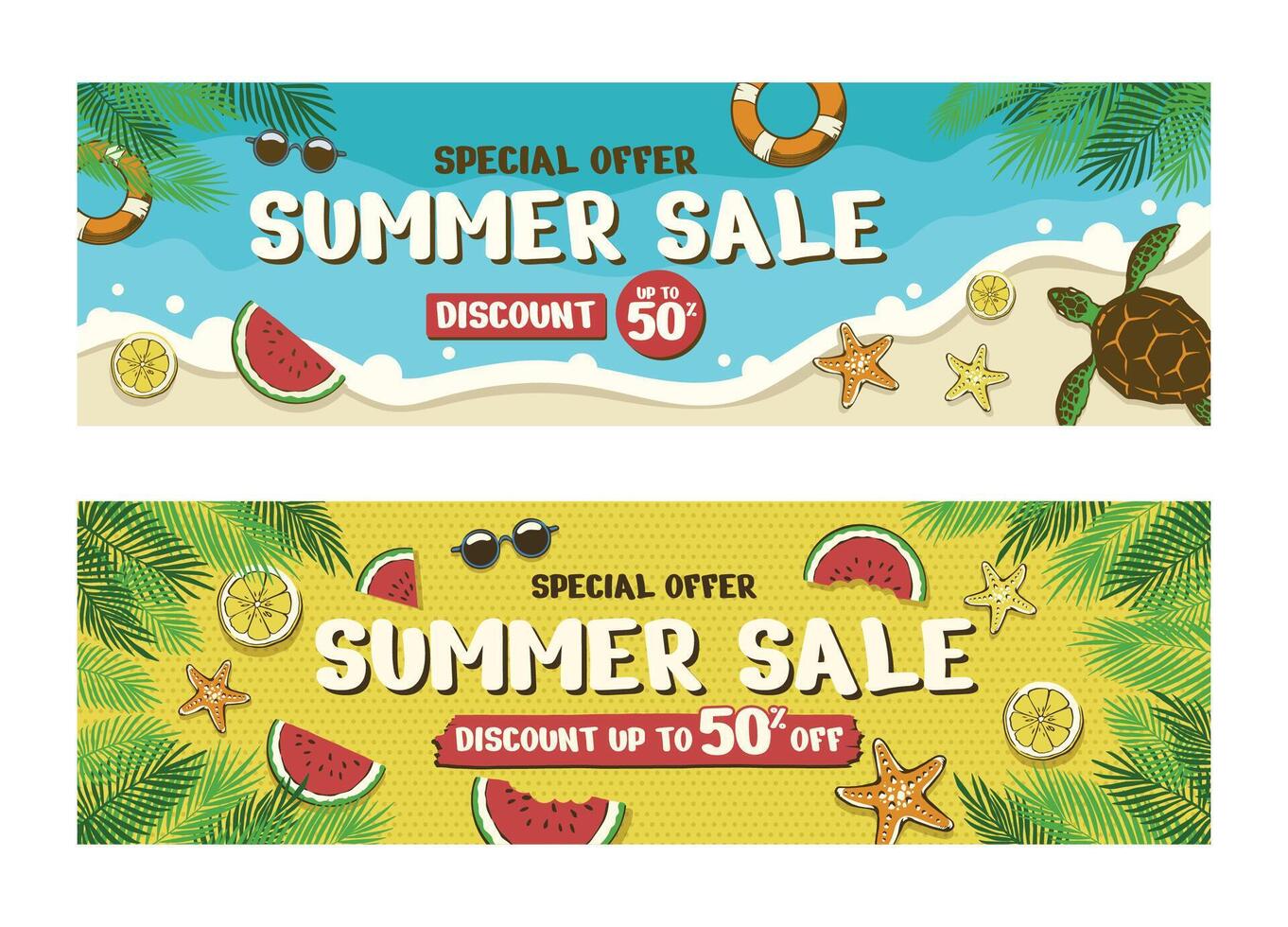 Summer Sale Banner Design Template with Beach and Fruit Theme vector
