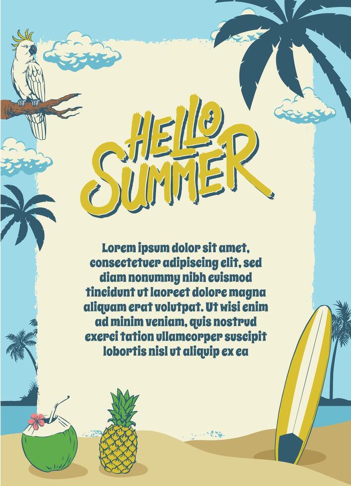 Hello Summer Frame Design with Beach Background Concept vector