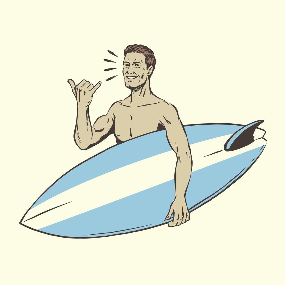 Hand Drawn Man Pose with Surfboard in vintage style vector