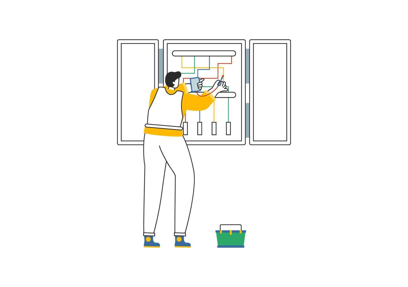 Lighting and Electricity Illustration featuring a Light Bulb, Lamp, and Energy Maintenance Service Panel Cabinet for Technician Electrical Work vector