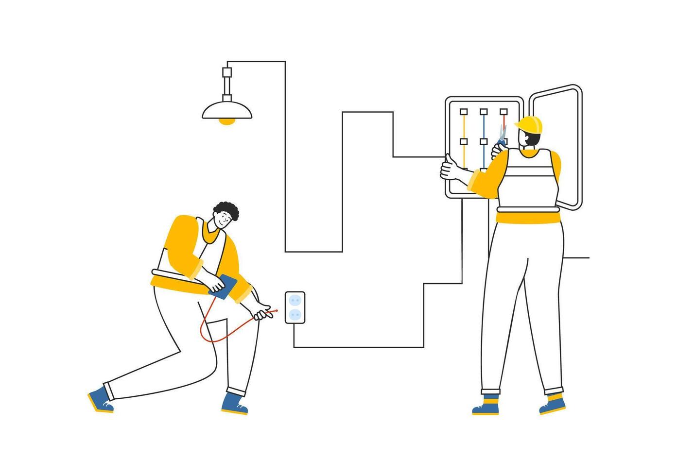 Lighting and Electricity Illustration featuring a Light Bulb, Lamp, and Energy Maintenance Service Panel Cabinet for Technician Electrical Work vector