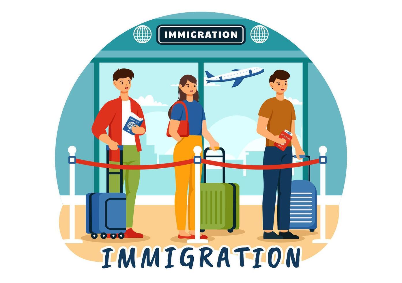 Immigration Illustration, Movement of People with Document Visa and Passport for Relocating to Another Country in a Flat Cartoon Background vector