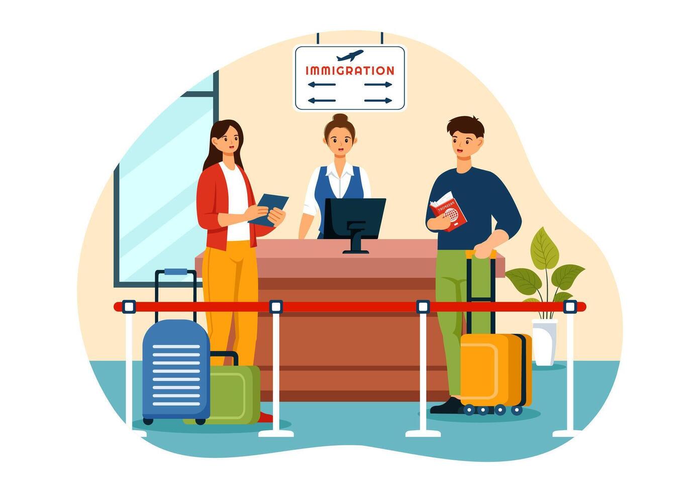Immigration Illustration, Movement of People with Document Visa and Passport for Relocating to Another Country in a Flat Cartoon Background vector