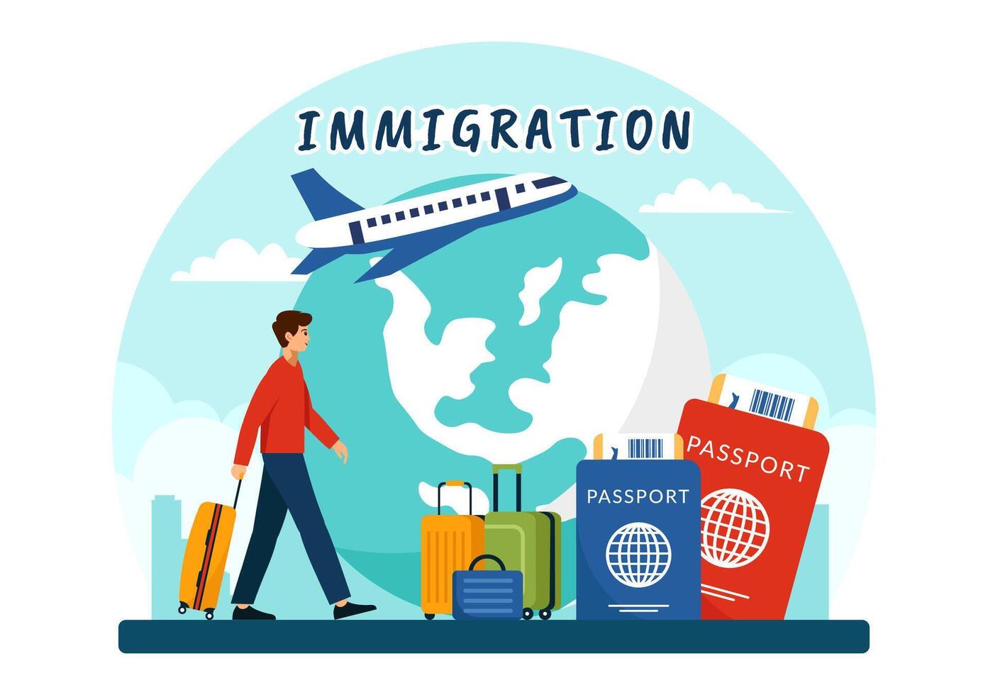 Immigration Illustration, Movement of People with Document Visa and Passport for Relocating to Another Country in a Flat Cartoon Background vector