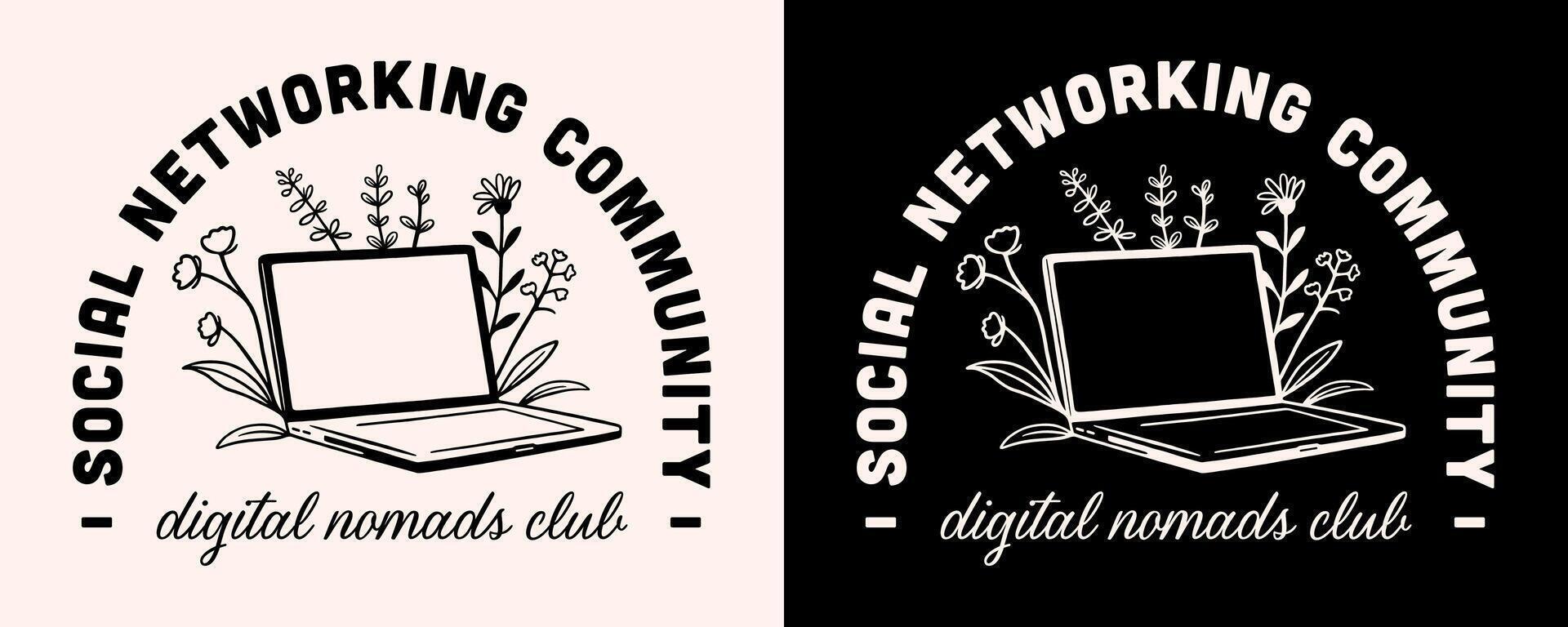 Digital nomads club social networking community group badge mental health support business owner entrepreneur employee working remotely laptop illustration vector
