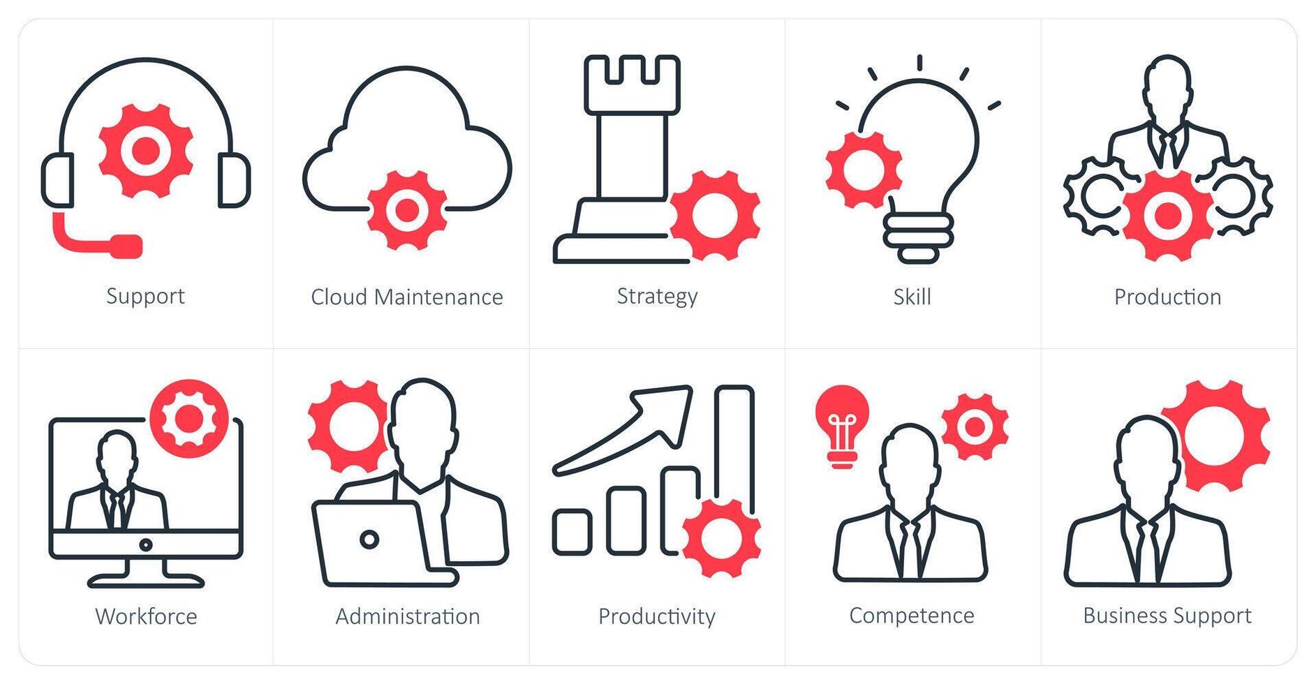 A set of 10 business and office icons as support, cloud maintenance, strategy vector