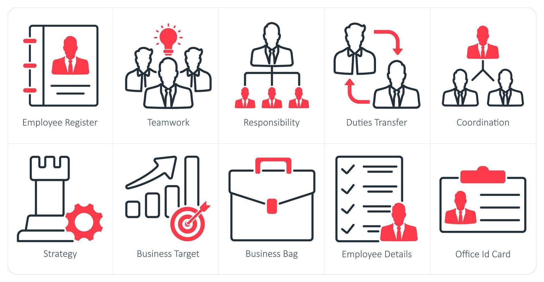 A set of 10 business and office icons as employee register, teamwork, responsibility vector