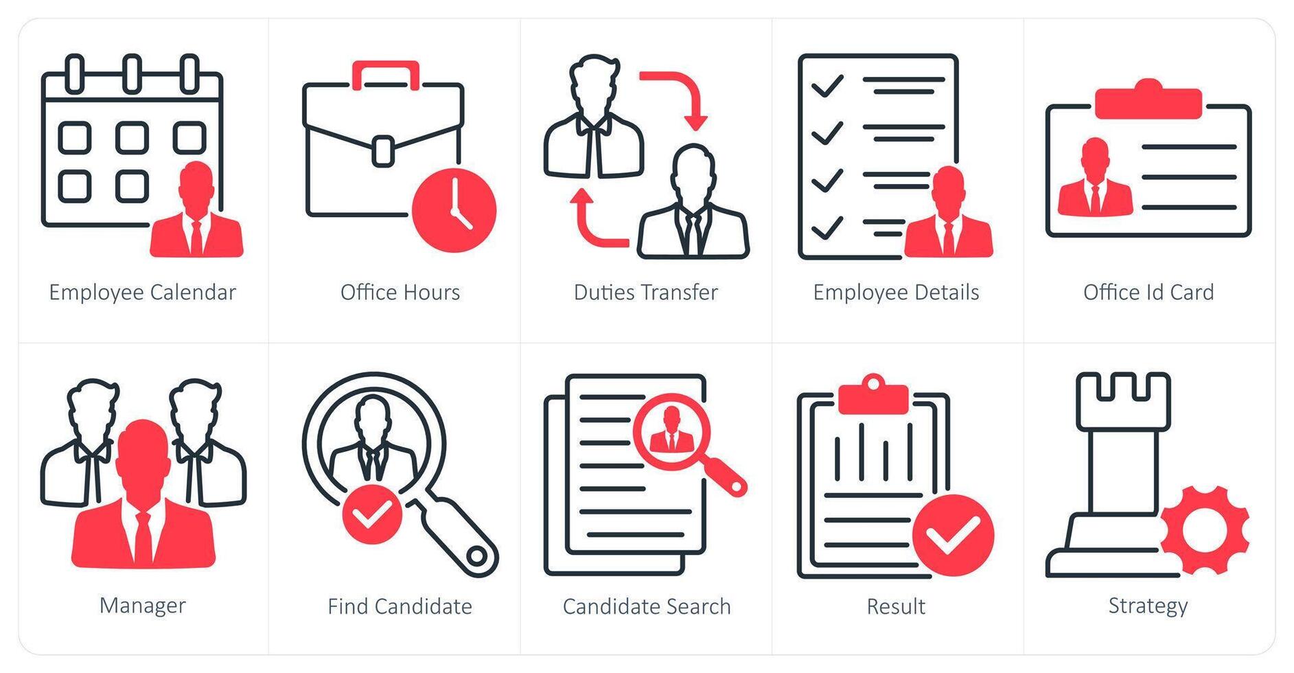 A set of 10 business and office icons as employee calendar, office hours, duties transfer vector