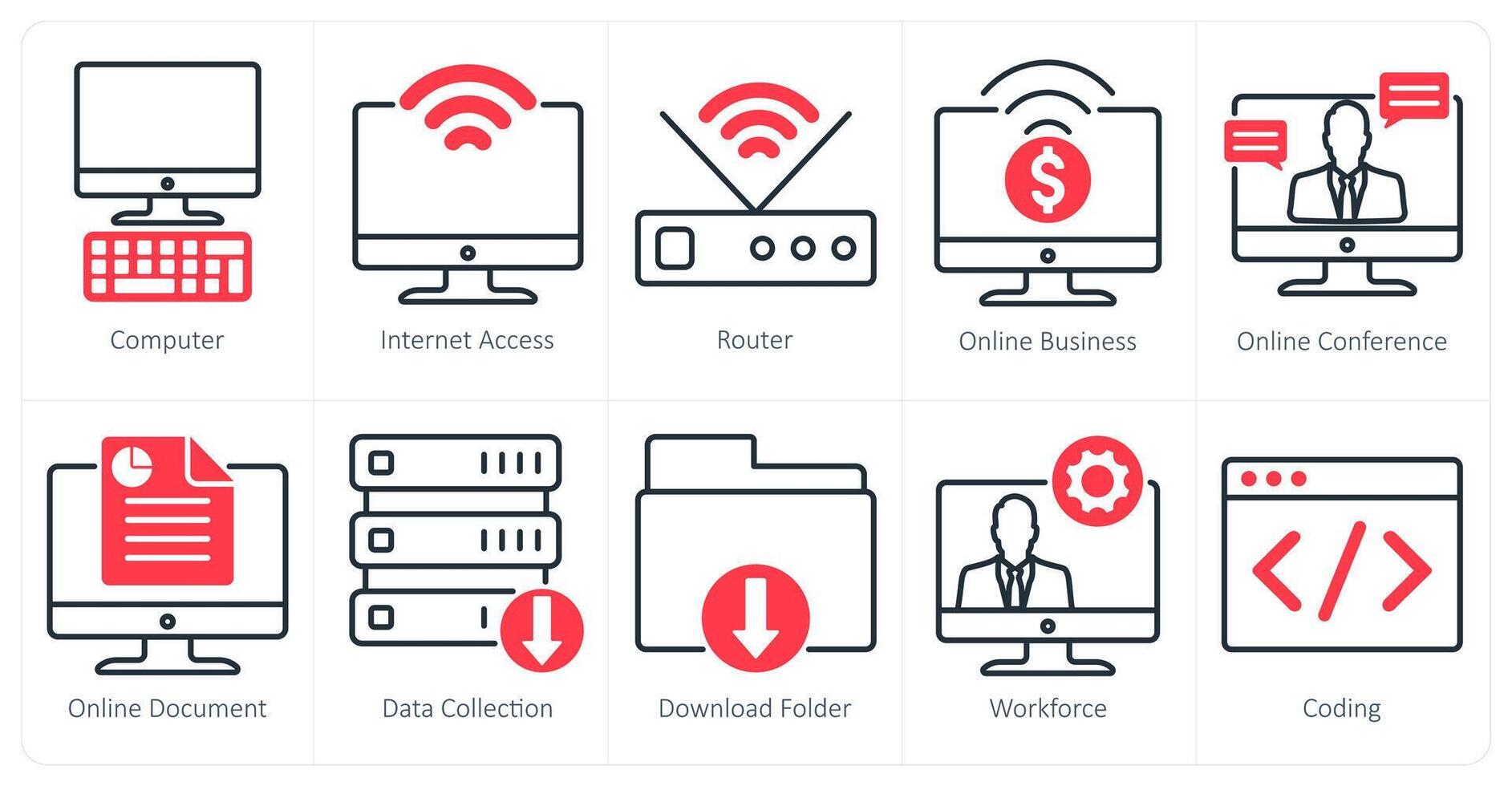 A set of 10 business and office icons as computer, internet access, router vector