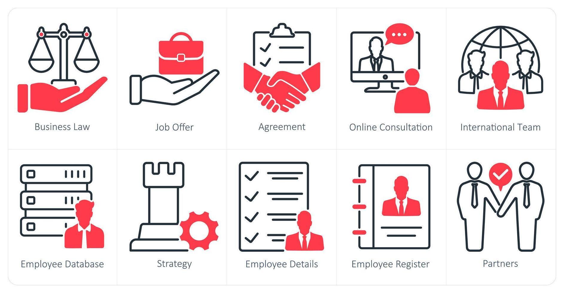 A set of 10 business and office icons as business law, job offer vector