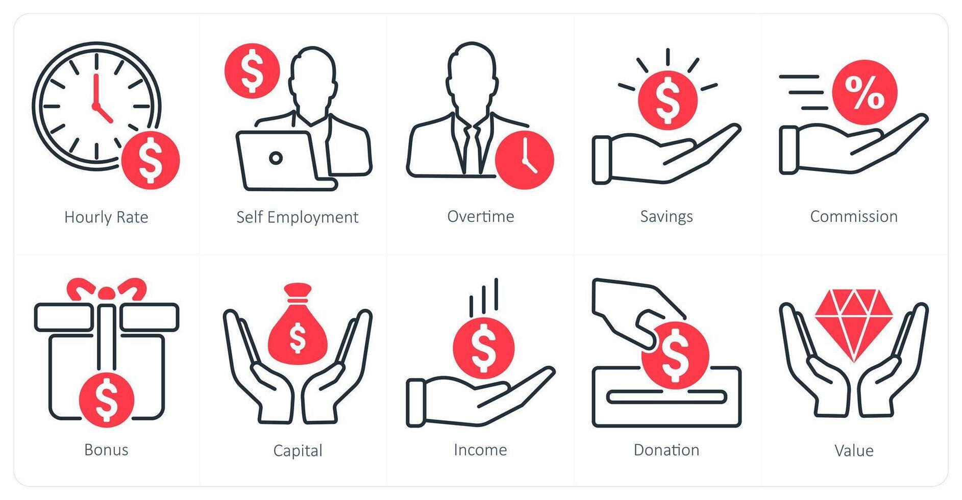 A set of 10 banking icons as hourly rate, self employment, overtime vector