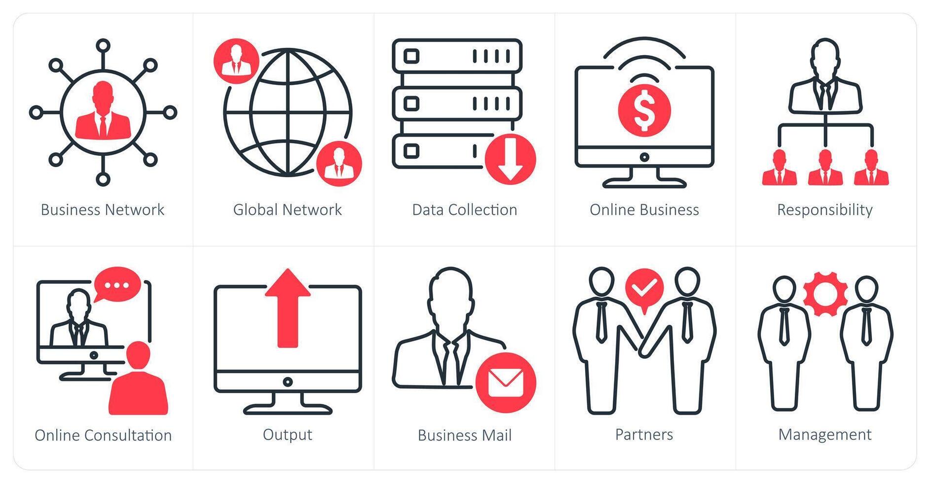 A set of 10 business and office icons as business network, global network, data collection vector