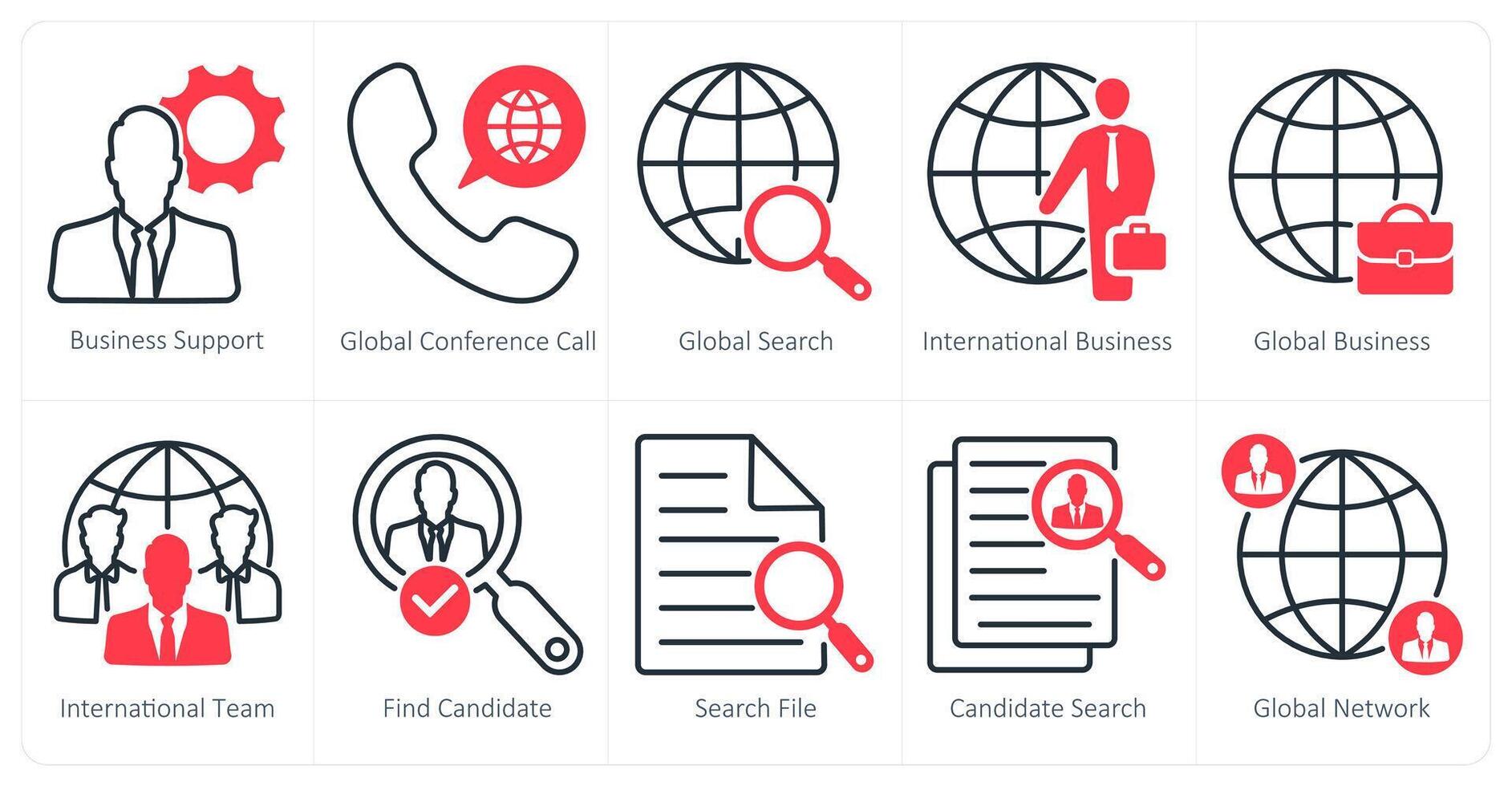 A set of 10 business and office icons as business support, global conference call, global search vector