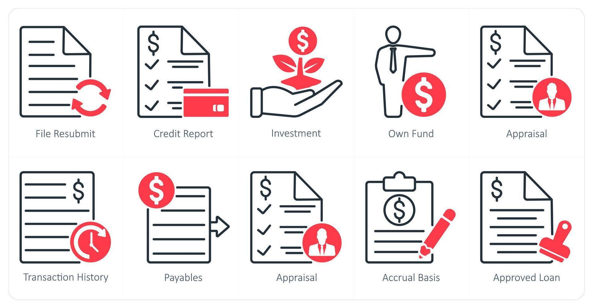 A set of 10 banking icons as file resubmit, credit report, investment vector